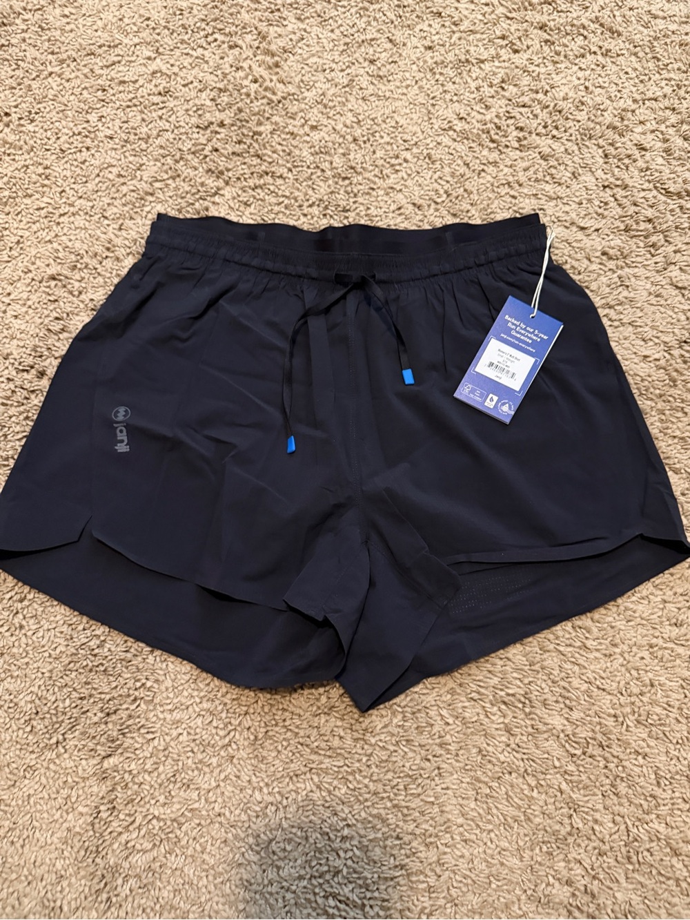 Janji Black Running Shorts with Blue-Tip Drawstring